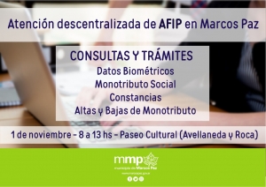 1 de noviembre, atención descentralizada de AFIP en Marcos Paz