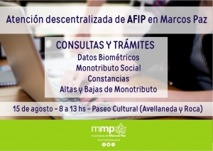 Atención descentralizada de AFIP en Marcos Paz el 15 de agosto
