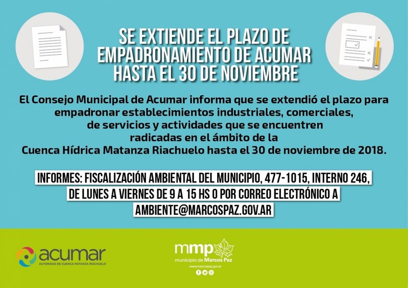 Se extiende el empadronamiento de Acumar hasta el 30 de noviembre