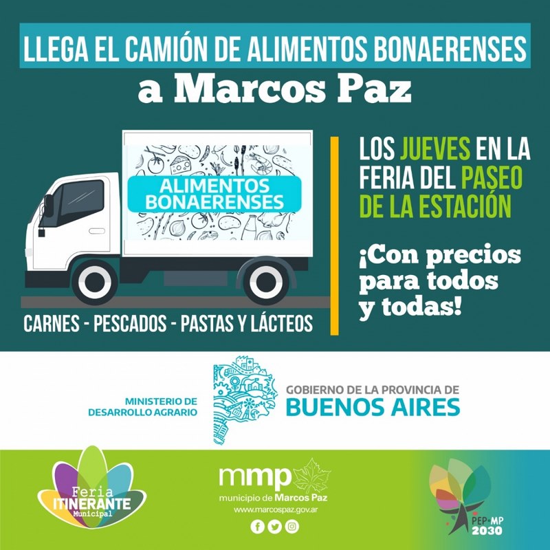 Llega el camión de Alimentos Bonaerenses a Marcos Paz: Carnes, Pescados, Pastas y Lácteos.