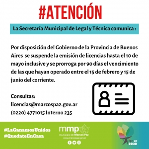 Suspensión de emisión de licencias y prorroga de vencimientos